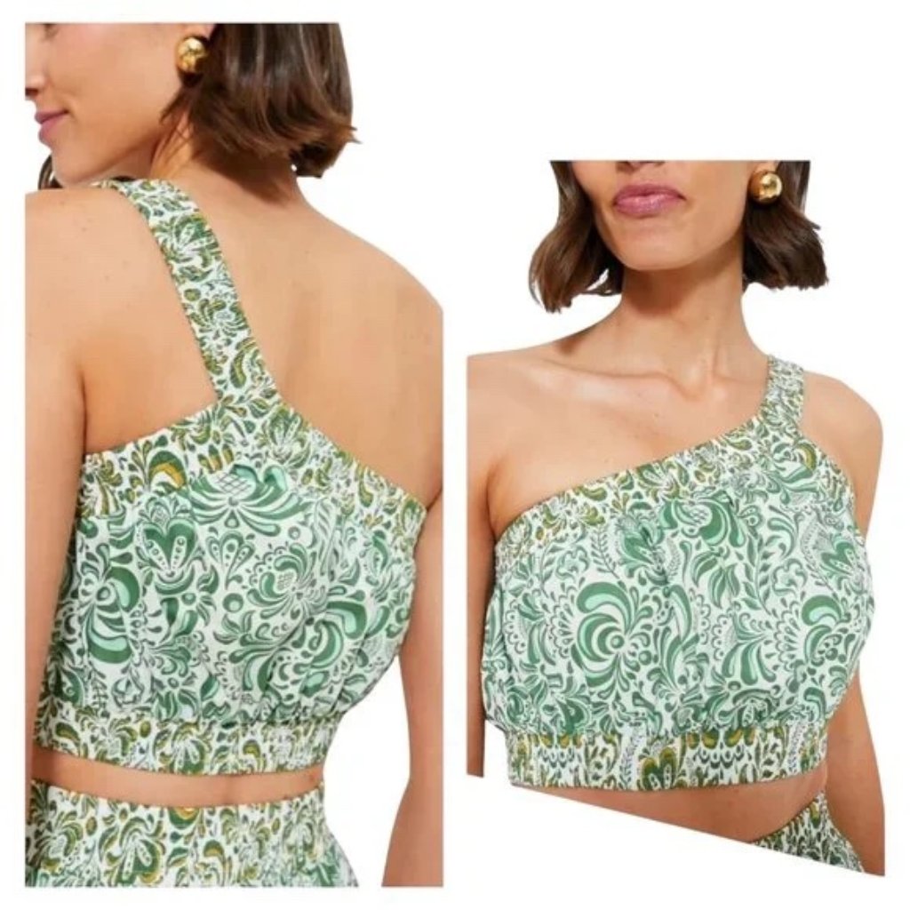 Hyacinth House One Shoulder Tuckernuck Gina Crop Top Green Floral Cotton Xs